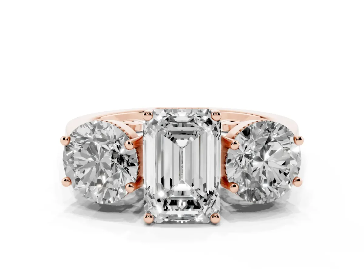 Three-Stone Emerald Cut Diamond Engagement Ring with Prong Setting on a Classic Band Rose gold