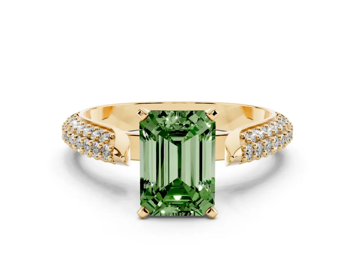 Fancy Green Emerald Cut Diamond Solitaire Engagement Ring with Multi-Row Round Pavé Band and Prong Setting Yellow gold