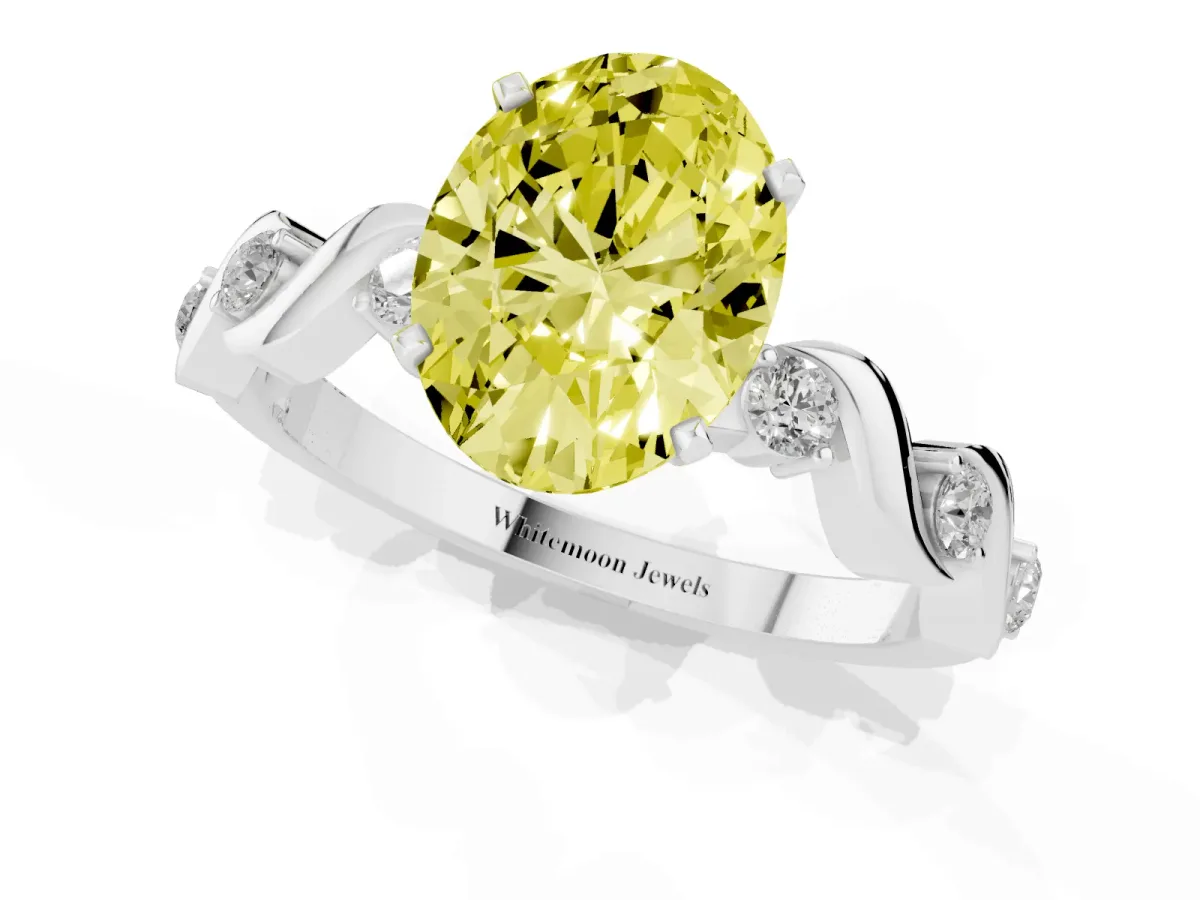 Fancy Yellow Oval Cut Diamond Solitaire Twisted Band with Round Accents and Prong Setting Silver