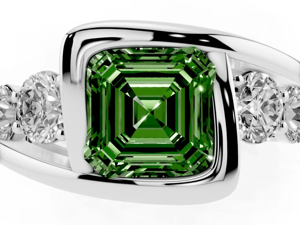 Fancy Green Bezel Set Asscher Cut Diamond Bypass Ring with Round Accents Silver