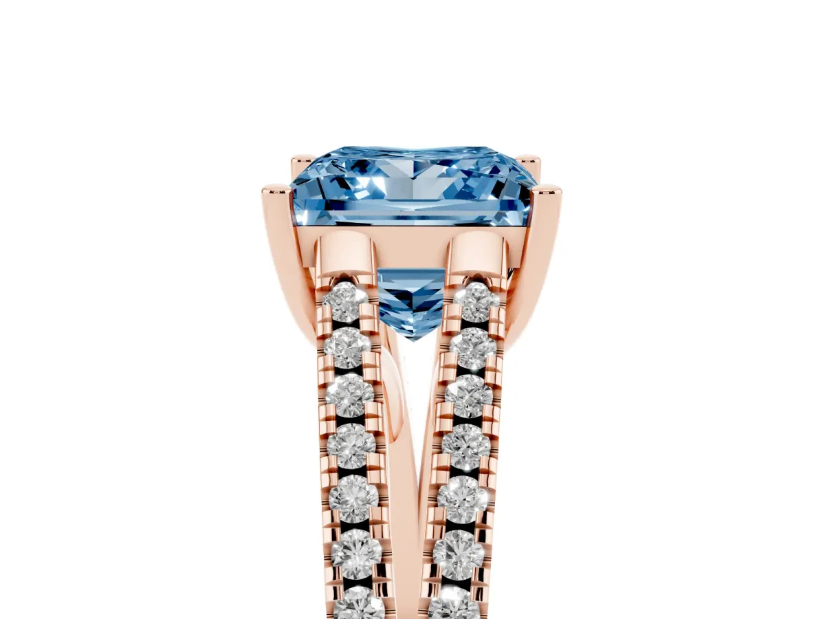 Fancy Blue Princess Cut Diamond Solitaire Engagement Ring with Split Shank Pavé Band Rose gold