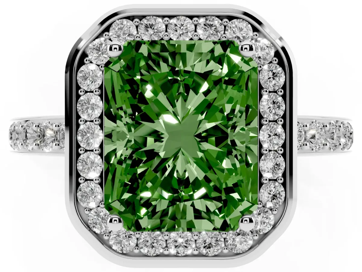 Fancy Green Radiant Cut Diamond Halo Ring with Bezel Frame and Pavé Band Platinum