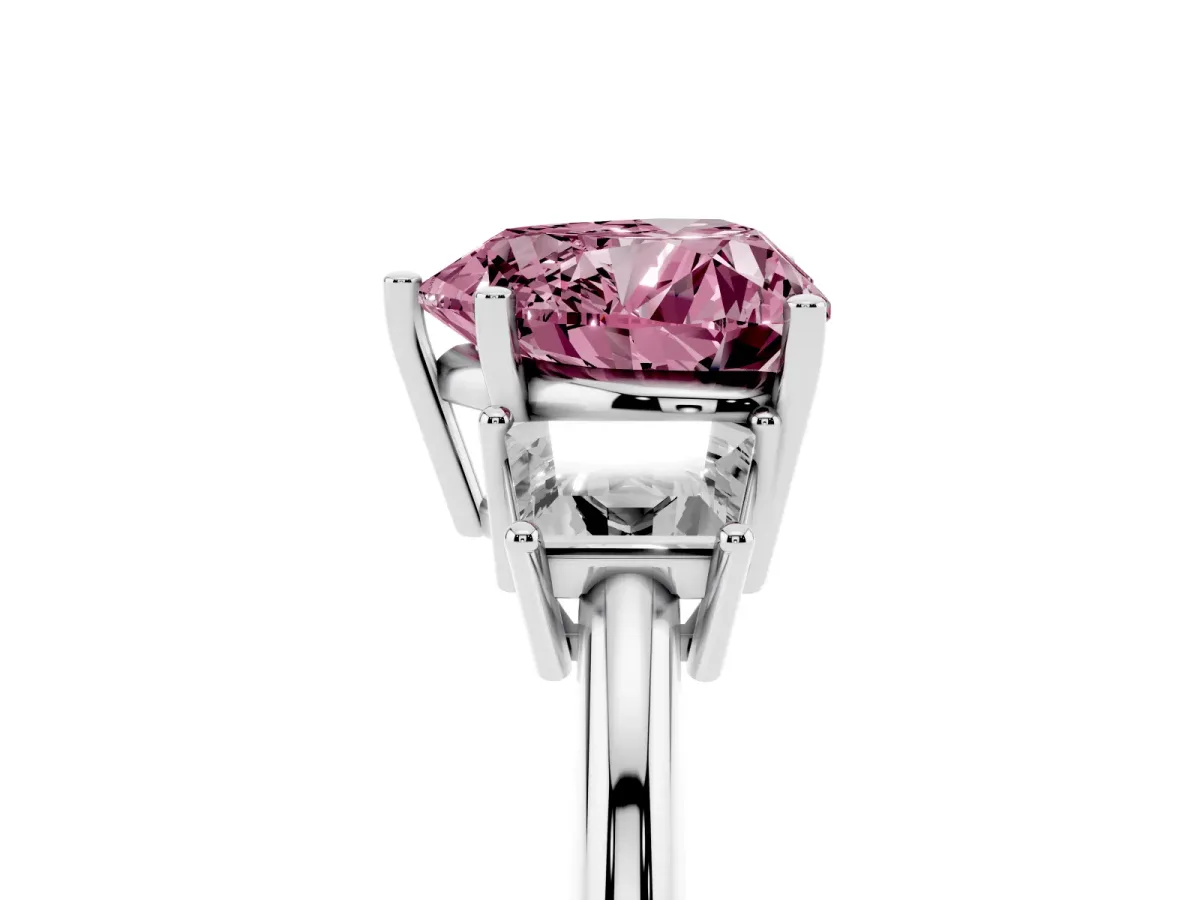 Fancy Pink Heart Cut Diamond Three-Stone Ring with Trapezoid Side Stones and Prong Setting Silver