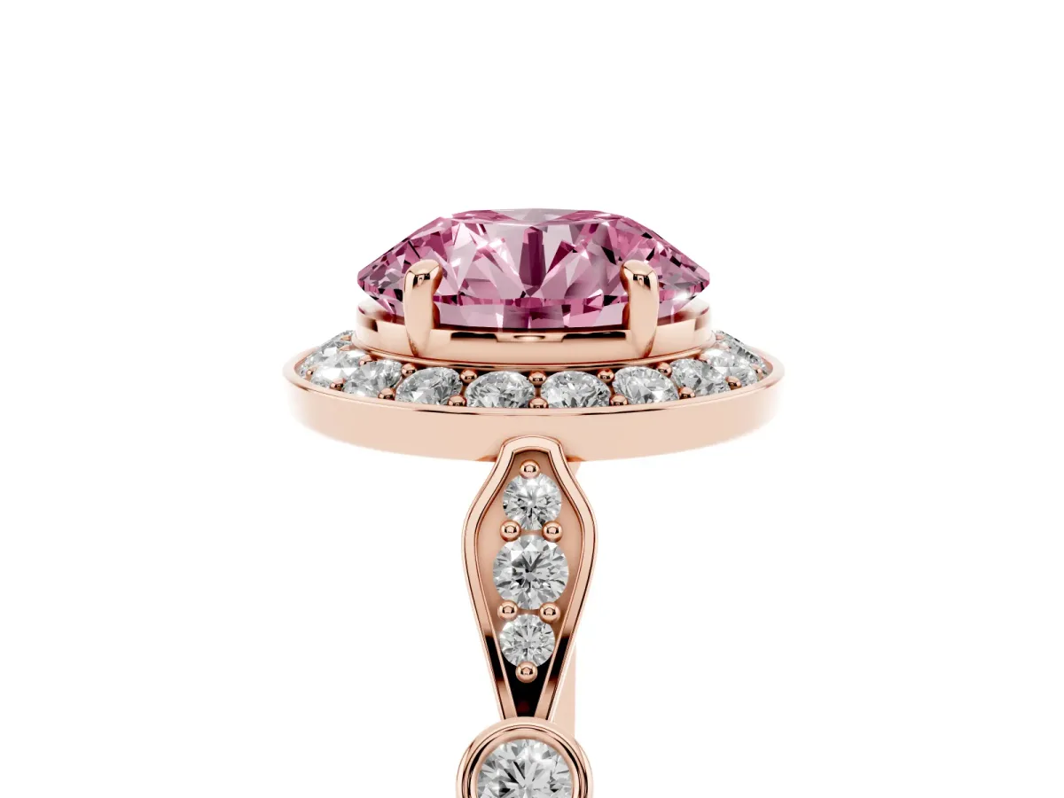 Fancy Pink Round Cut Halo Diamond Engagement Ring with Twisted Band and Four-Prong Setting Rose gold