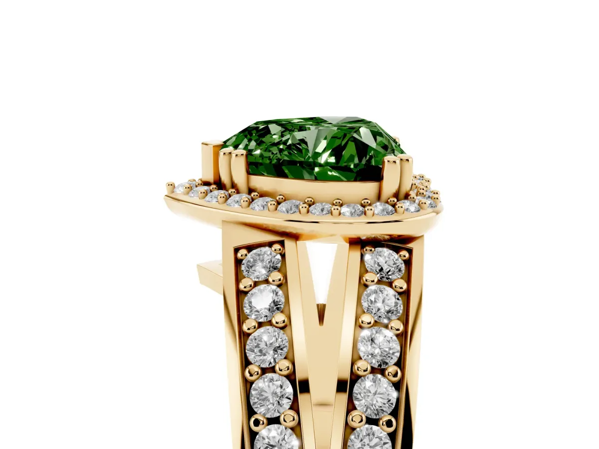 Fancy Green Heart Cut Diamond Halo Ring with Split Shank Pavé Band and Four-Prong Setting Yellow gold