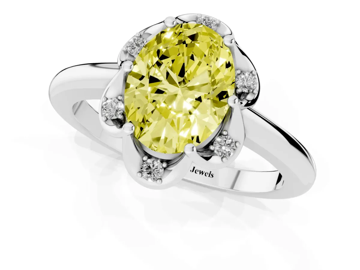 Fancy Yellow Oval Cut Halo Diamond Ring with Round Cluster Setting, Solitaire Band, and Four-Prong Setting Platinum