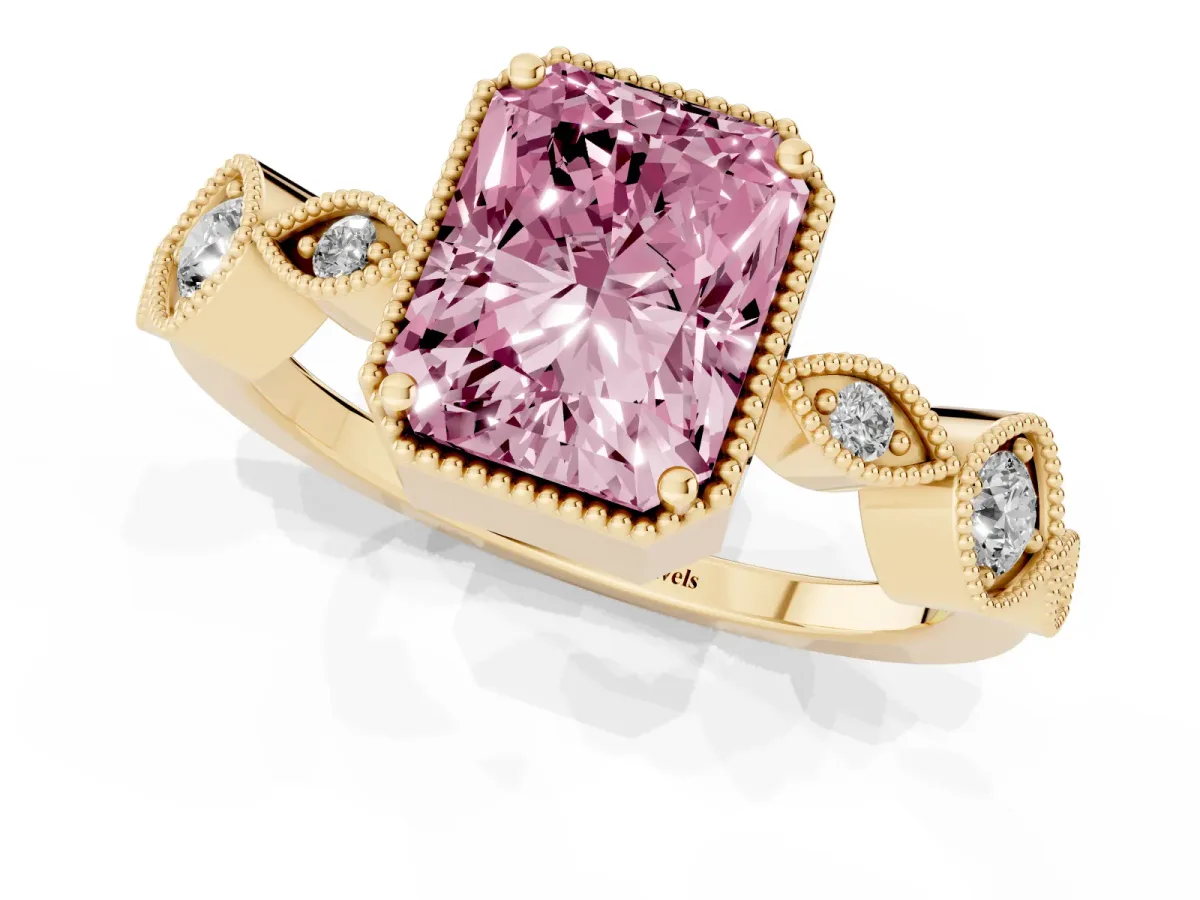 Fancy Pink Radiant Cut Diamond Vintage Milgrain Ring with Round Stations Yellow gold