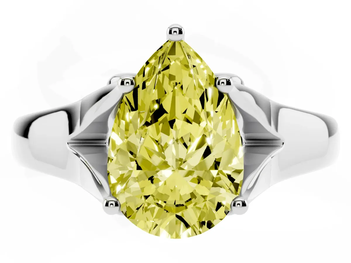 Fancy Yellow Pear Cut Solitaire Diamond Ring with Cathedral Band and Four-Prong Setting Silver
