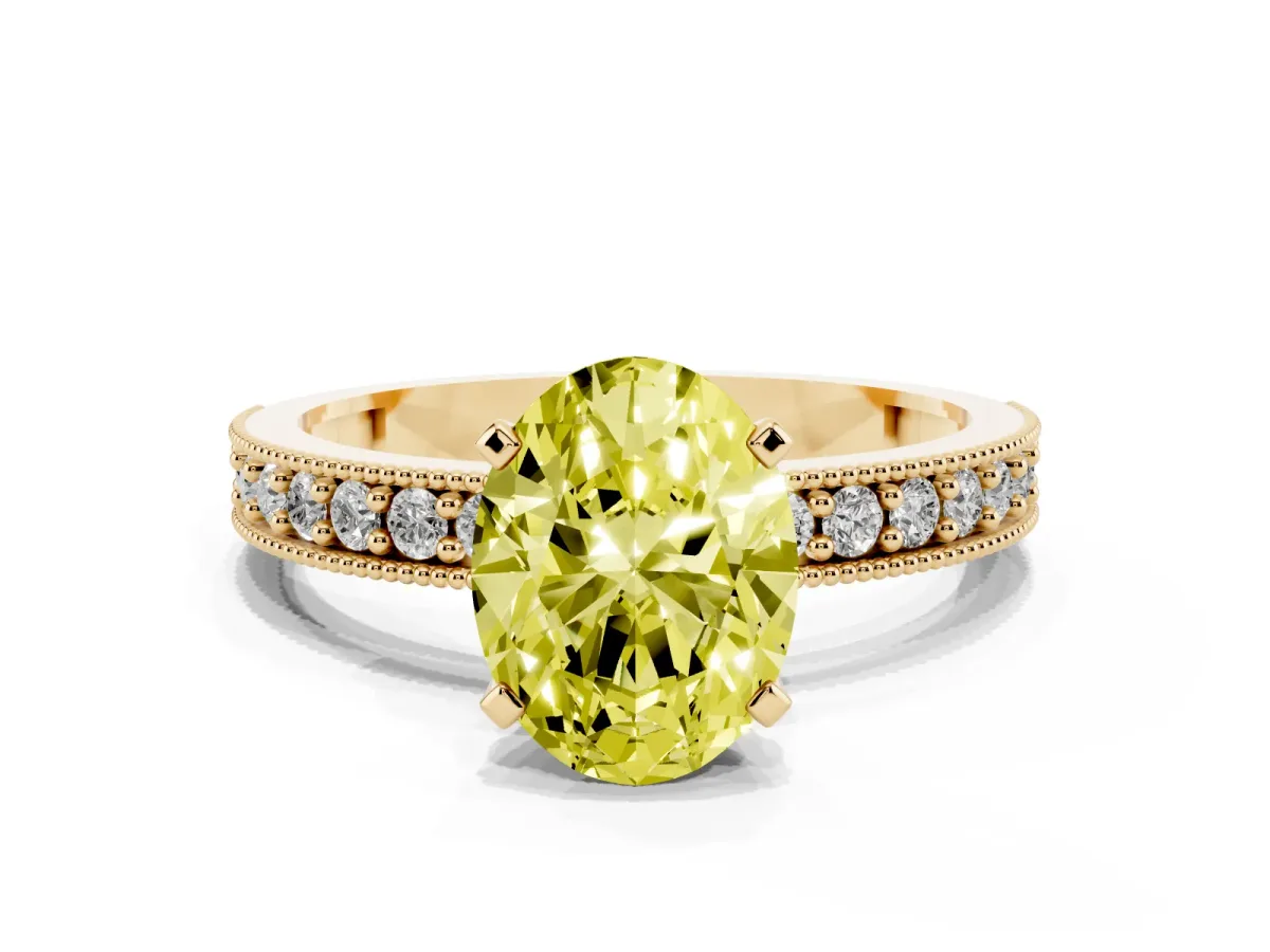 Fancy Yellow Oval Cut Diamond Milgrain Pavé Engagement Ring with Four-Prong Setting Yellow gold