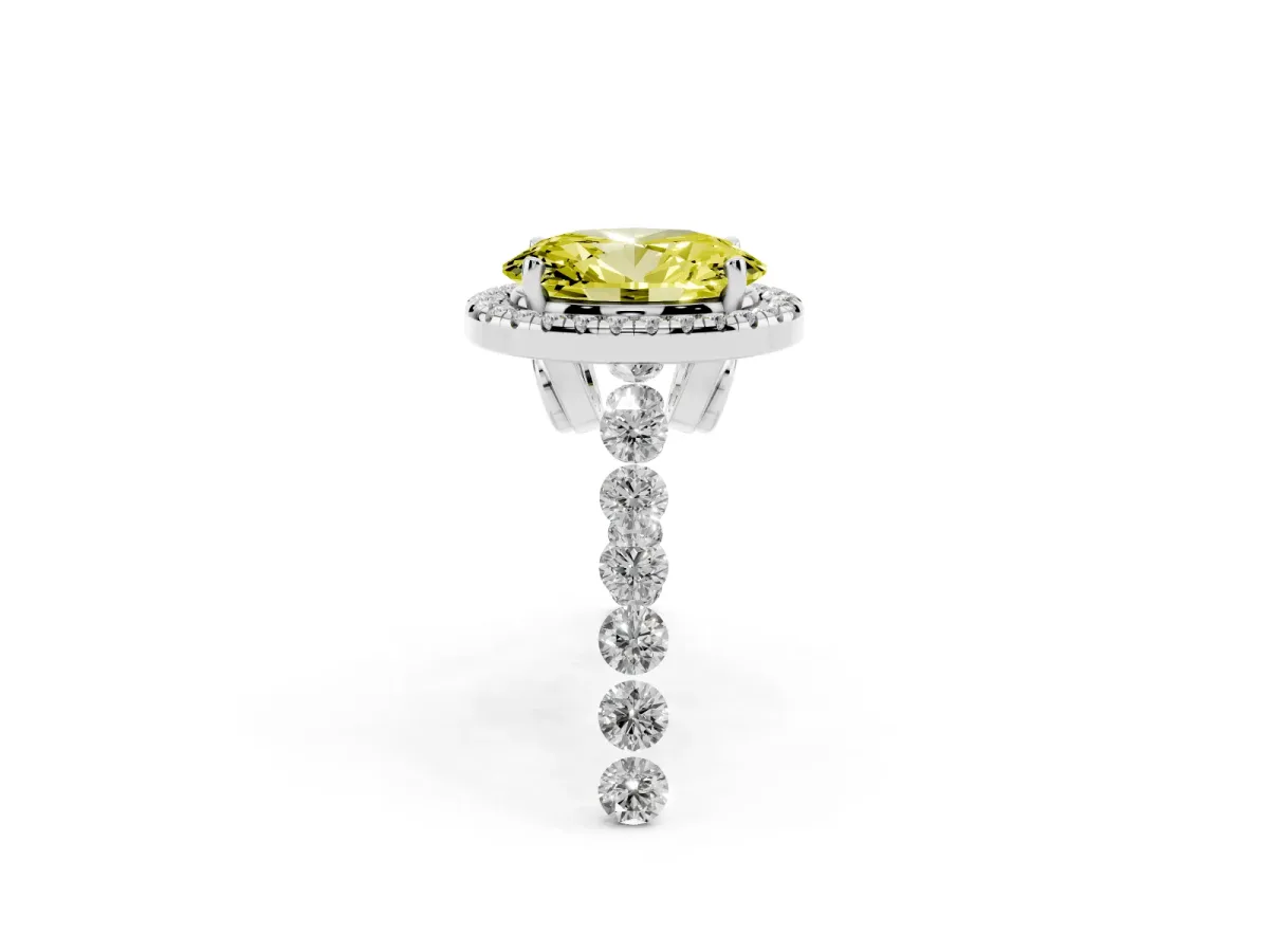 Fancy Yellow Oval Cut Halo Pavé Diamond Engagement Ring with Four-Prong Setting White gold