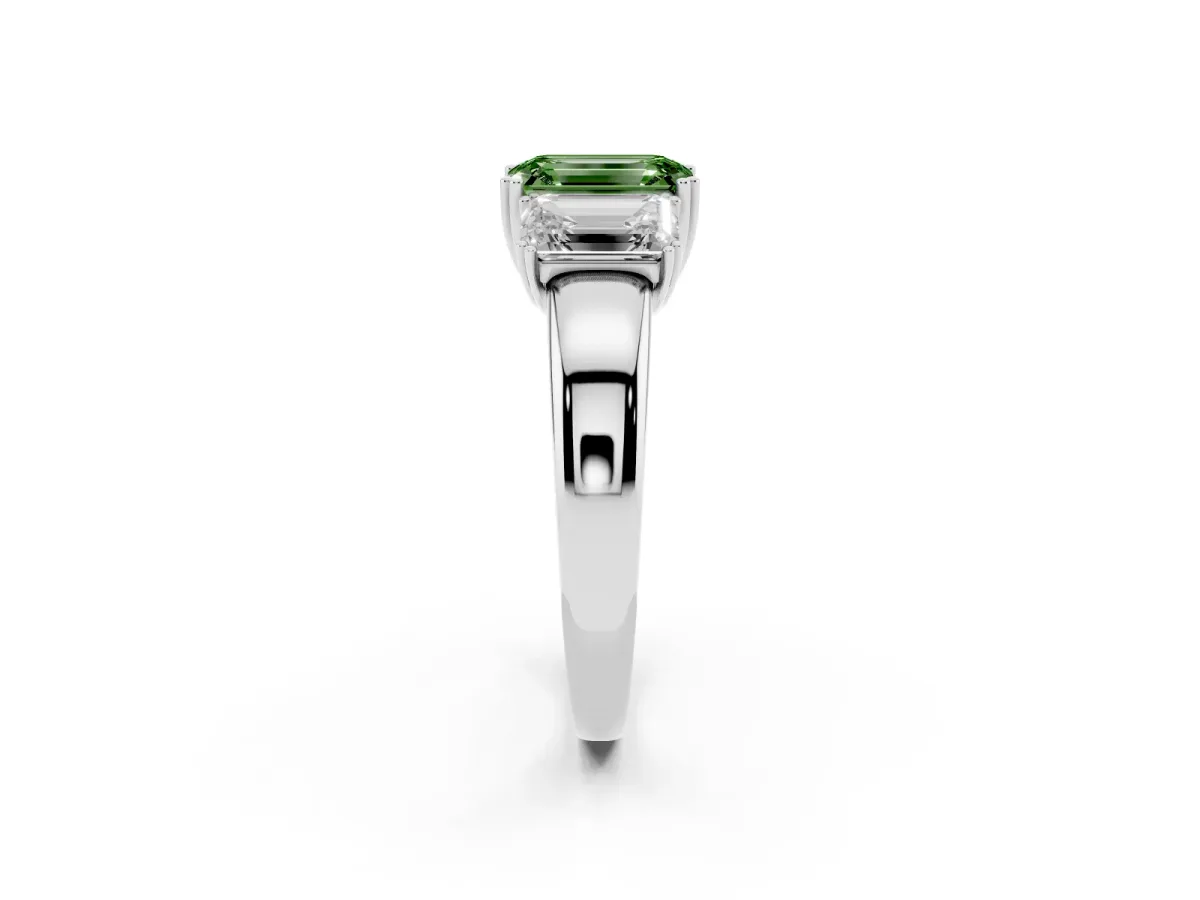 Fancy Green Three-Stone Emerald Cut Cut Diamond Ring with Channel Set Band and Four-Prong Setting Silver