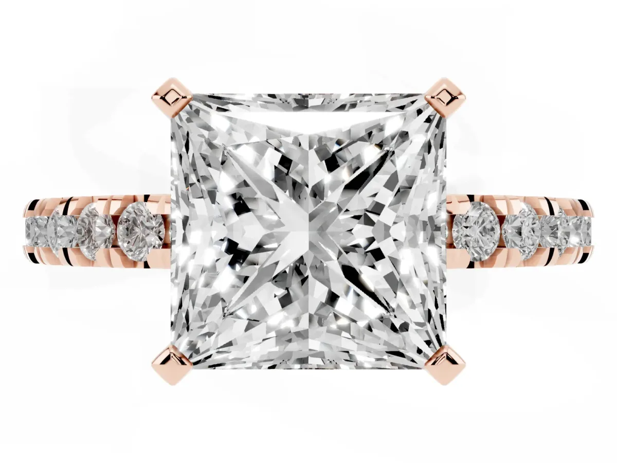Princess Cut Diamond Pavé Band Solitaire with Four-Prong Setting Rose gold
