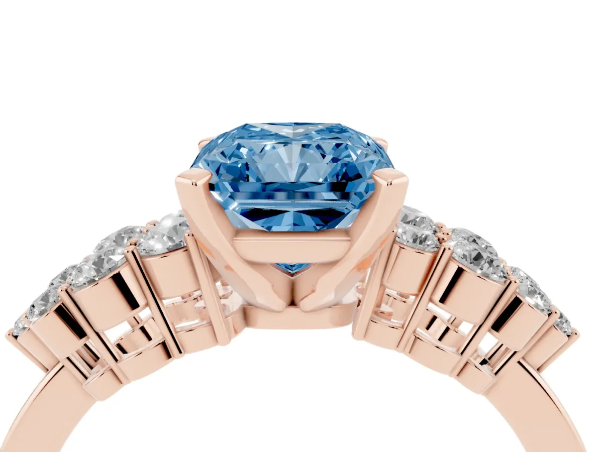 Fancy Blue Radiant Cut Cluster Diamond Engagement Ring with Pavé Band and Four-Prong Setting Rose gold
