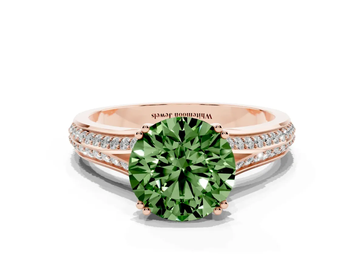 Fancy Green Round Cut Diamond Split Shank Engagement Ring with Pavé Band Rose gold