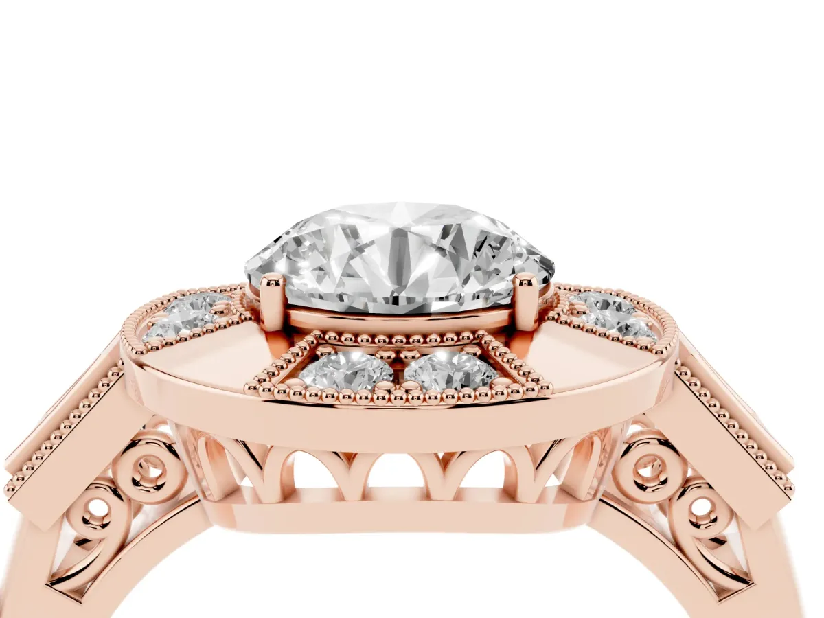 Milgrain Round Cut Diamond Halo Split Shank Ring Rose gold