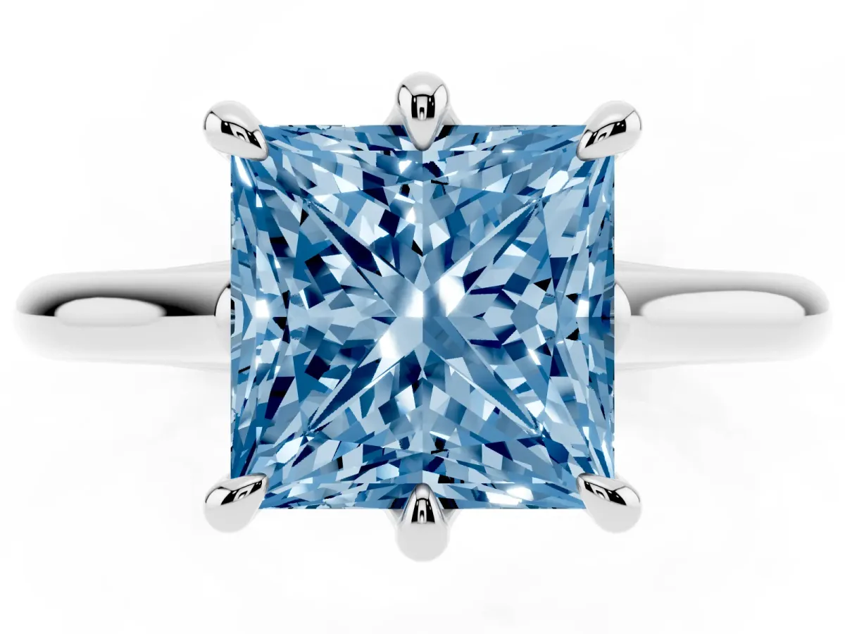 Fancy Blue Princess Cut Solitaire Engagement Ring with Six-Prong Setting and Classic Band Platinum