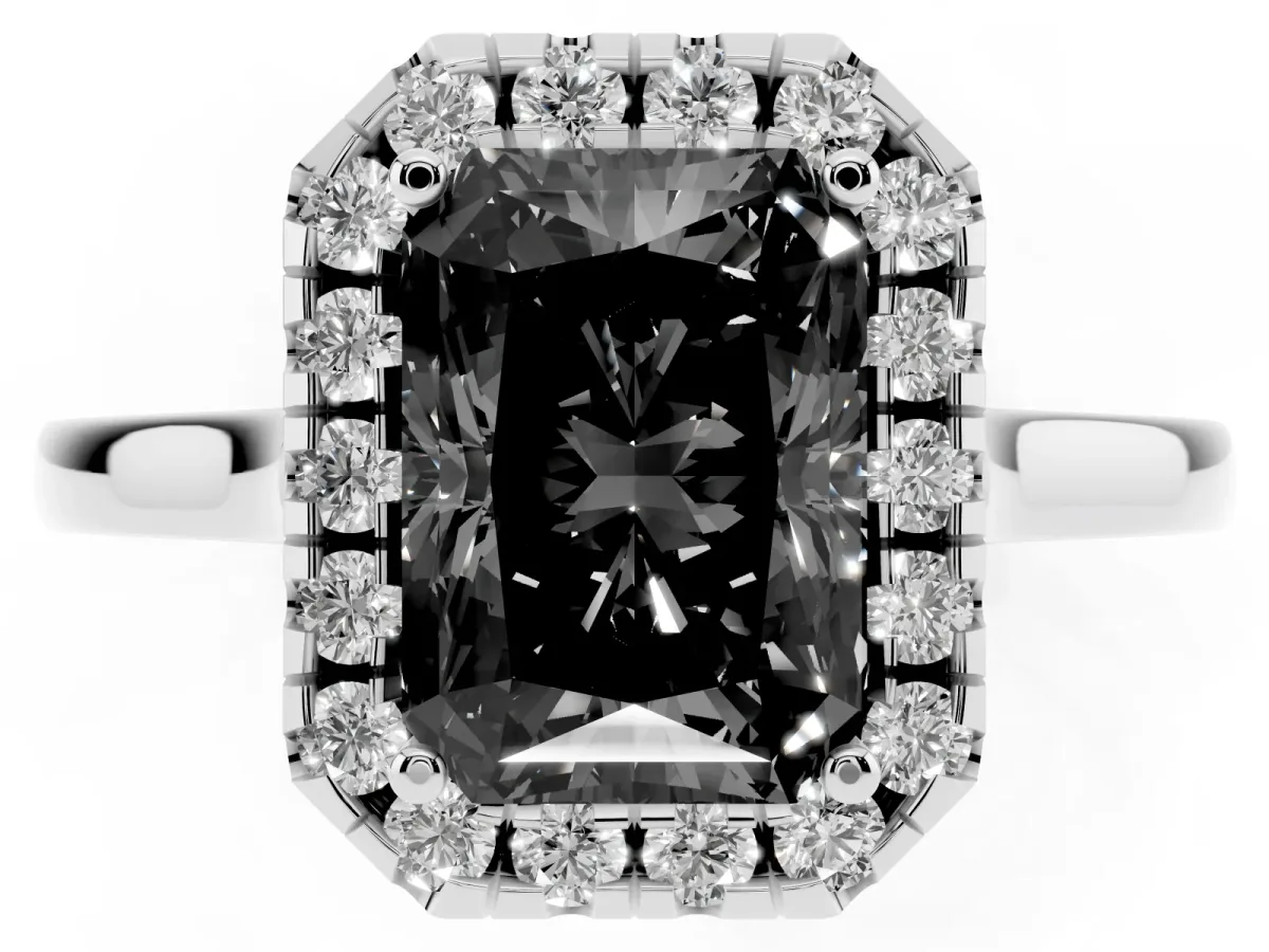 Fancy Black Radiant Cut Halo Round Diamond Solitaire Ring with Pavé Band and Four-Prong Setting Platinum