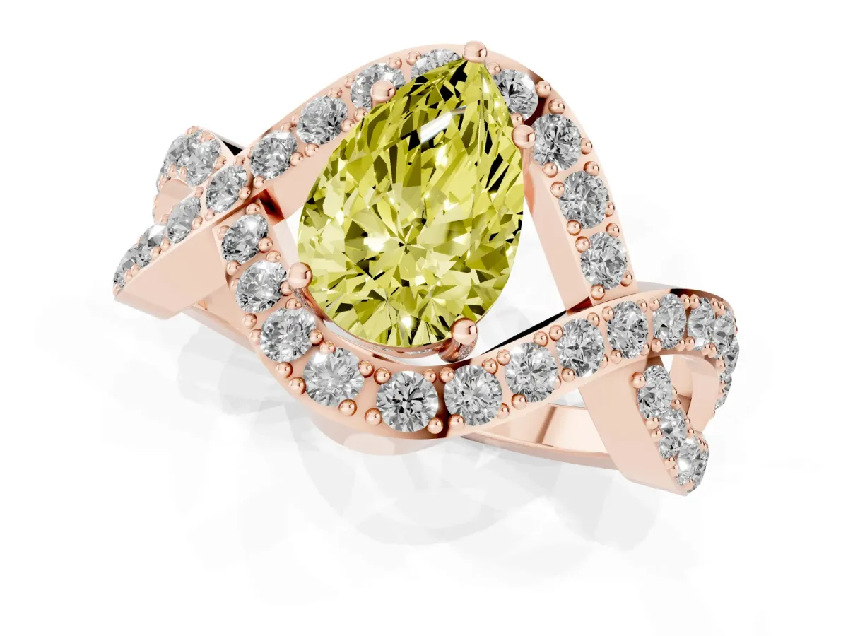 Fancy Yellow Pear Cut Solitaire Twist Band Pavé Diamond Engagement Ring Rose gold