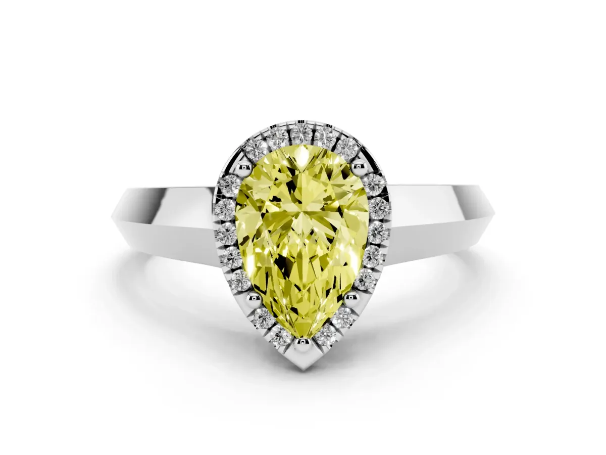 Fancy Yellow Pear Cut Halo Diamond Ring with Cathedral Band and Four-Prong Setting Silver