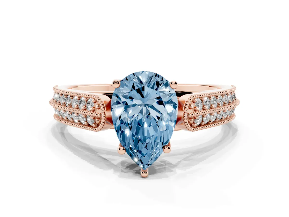 Fancy Blue Pear Cut Cut Pave Split Shank Engagement Ring with Four-Prong Setting Rose gold