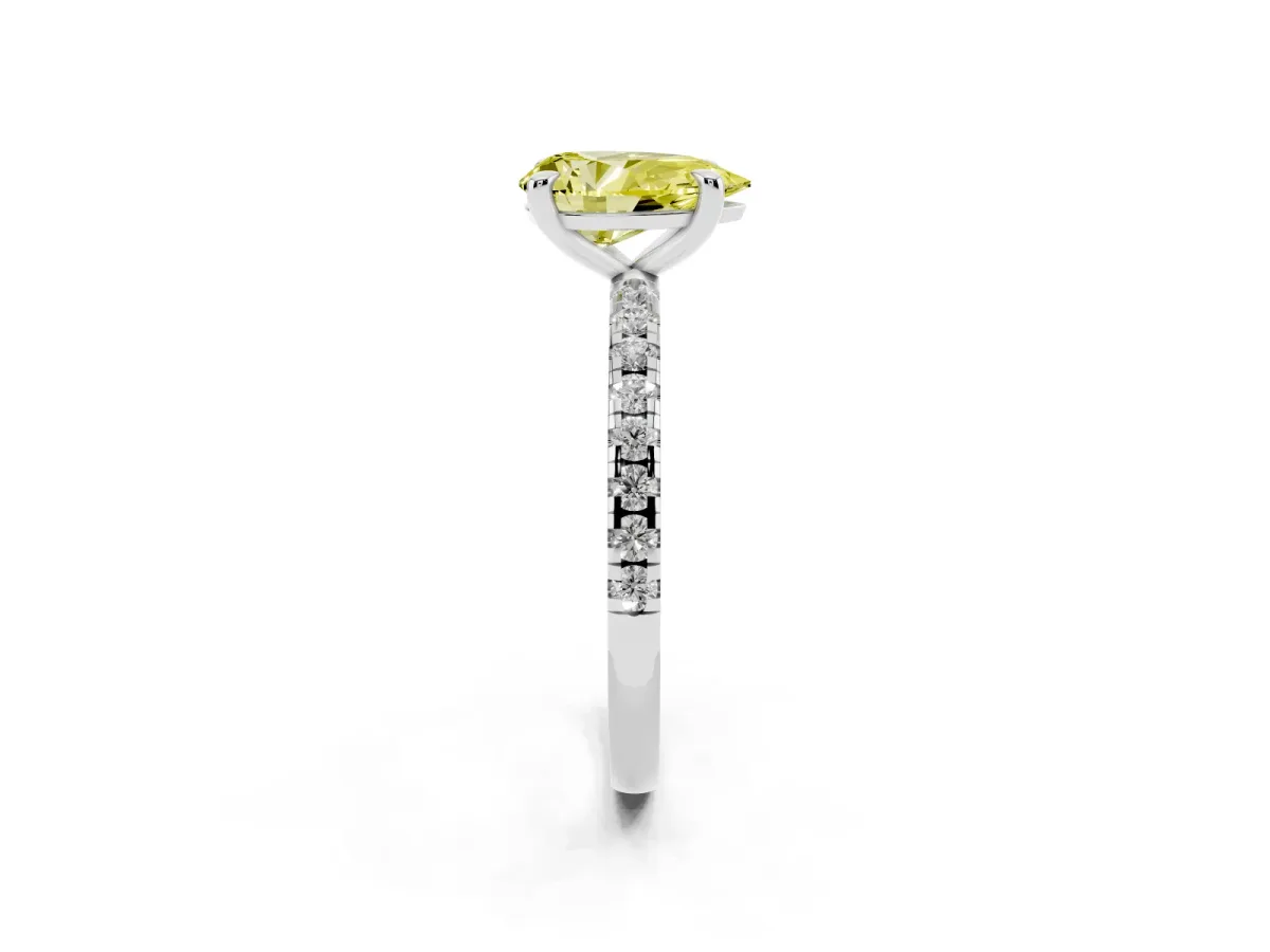 Fancy Yellow Pear Cut Diamond Brilliant Solitaire Ring with Pavé Band and Four-Prong Setting Silver