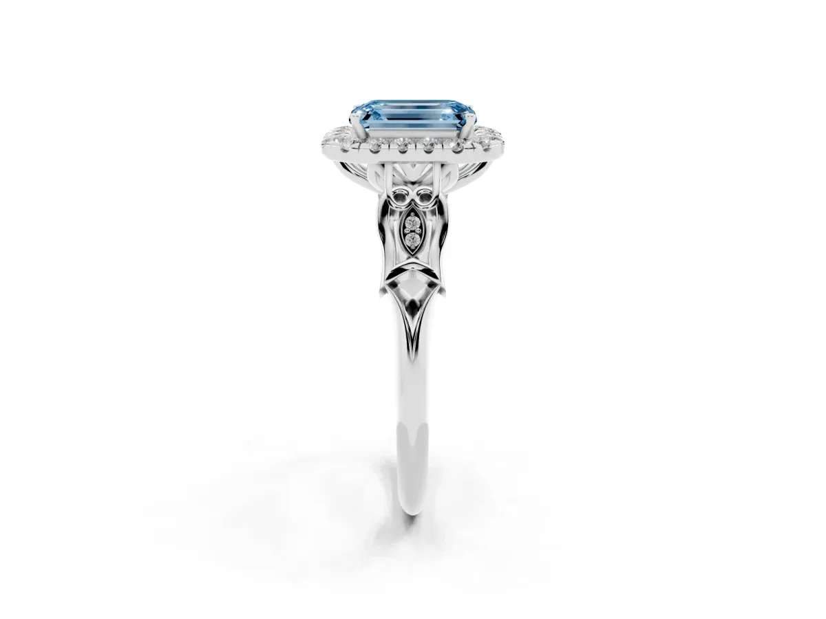 Fancy Blue Emerald Cut Halo Diamond Engagement Ring with Filigree Band and Four-Prong Setting Platinum