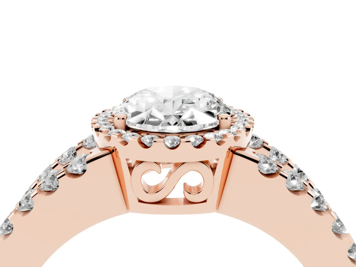 Oval Cut Cut Halo Split Shank Diamond Ring with Four-Prong Setting Rose gold