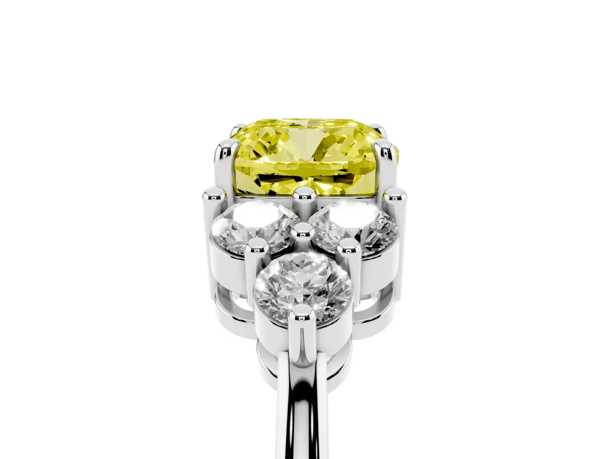 Fancy Yellow Cushion Cut Brilliant Diamond Cluster Accent Solitaire Ring with Prong Setting Silver
