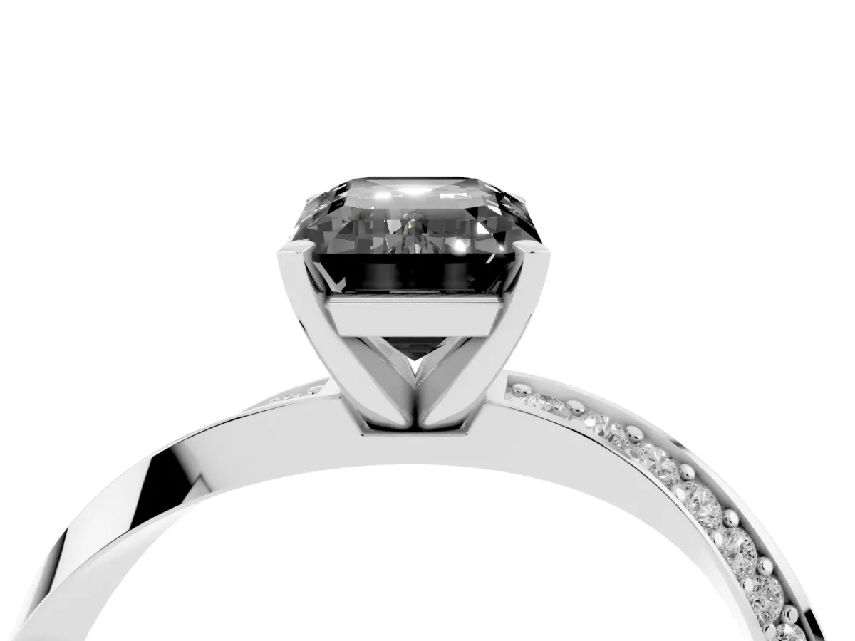Fancy Black Emerald Cut Diamond Engagement Ring with Side Stone Accents and Four-Prong Setting Silver