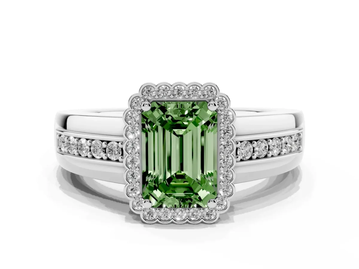 Fancy Green Emerald Cut Cut Halo Pave Band Four-Prong Ring Silver