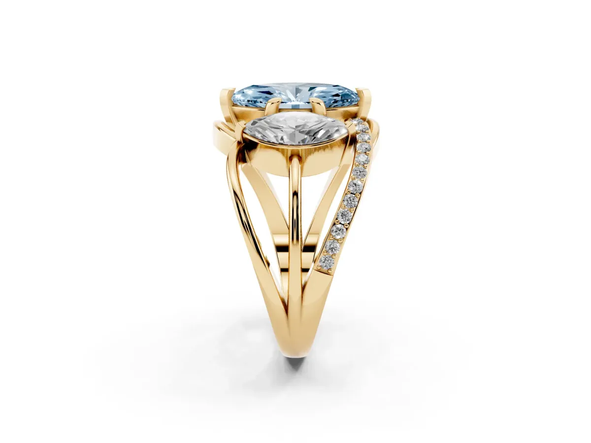 Fancy Blue Three-Stone Marquise Cut Cut Diamond Split Shank Prong Set Ring Yellow gold