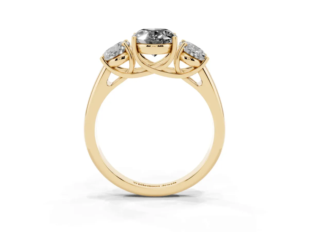 Fancy Black Three-Stone Oval Cut Diamond Engagement Ring with Prong Setting Yellow gold
