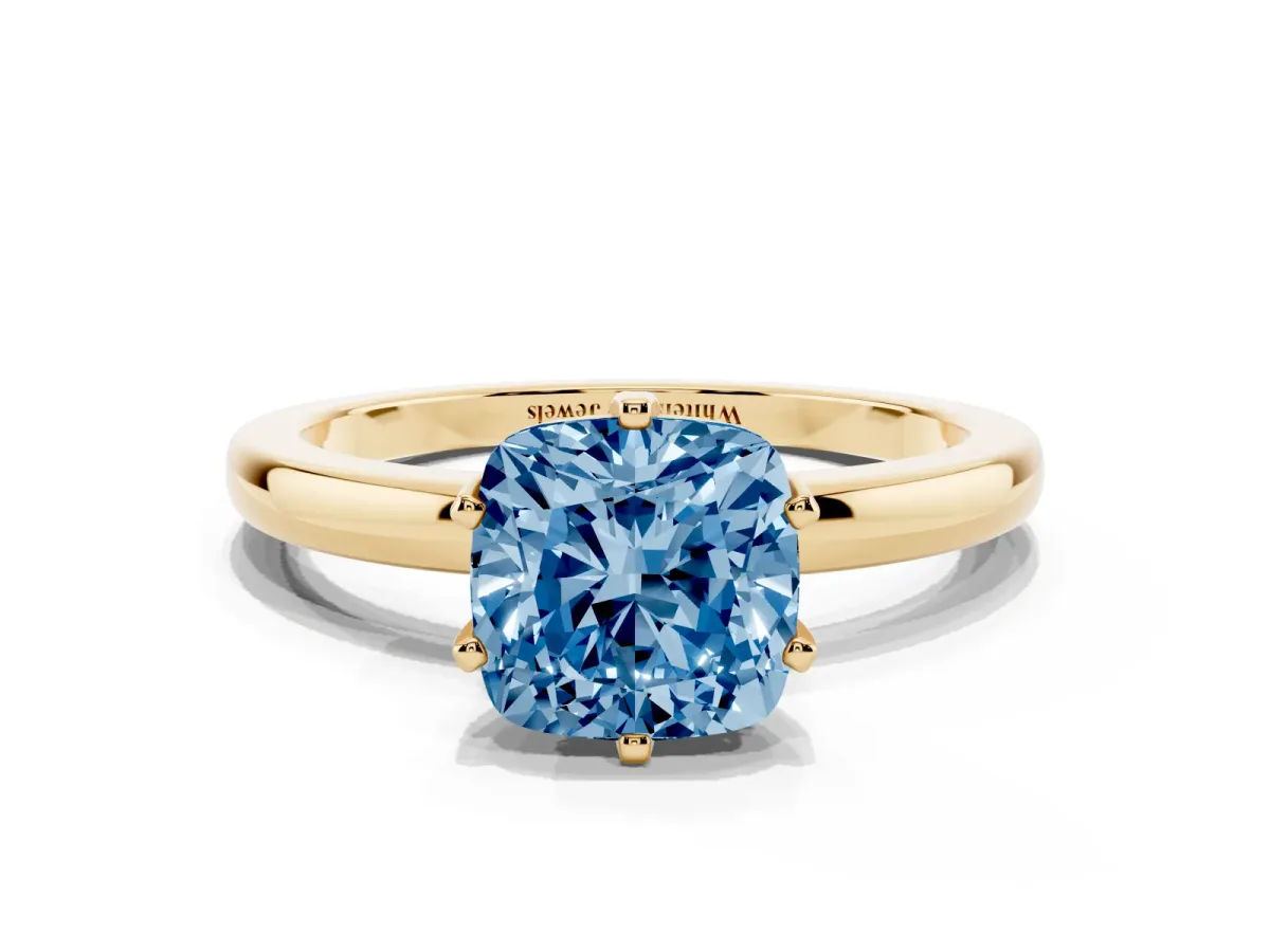 Fancy Blue Cushion Cut Solitaire Diamond Ring with Six-Prong Setting on a Classic Band Yellow gold