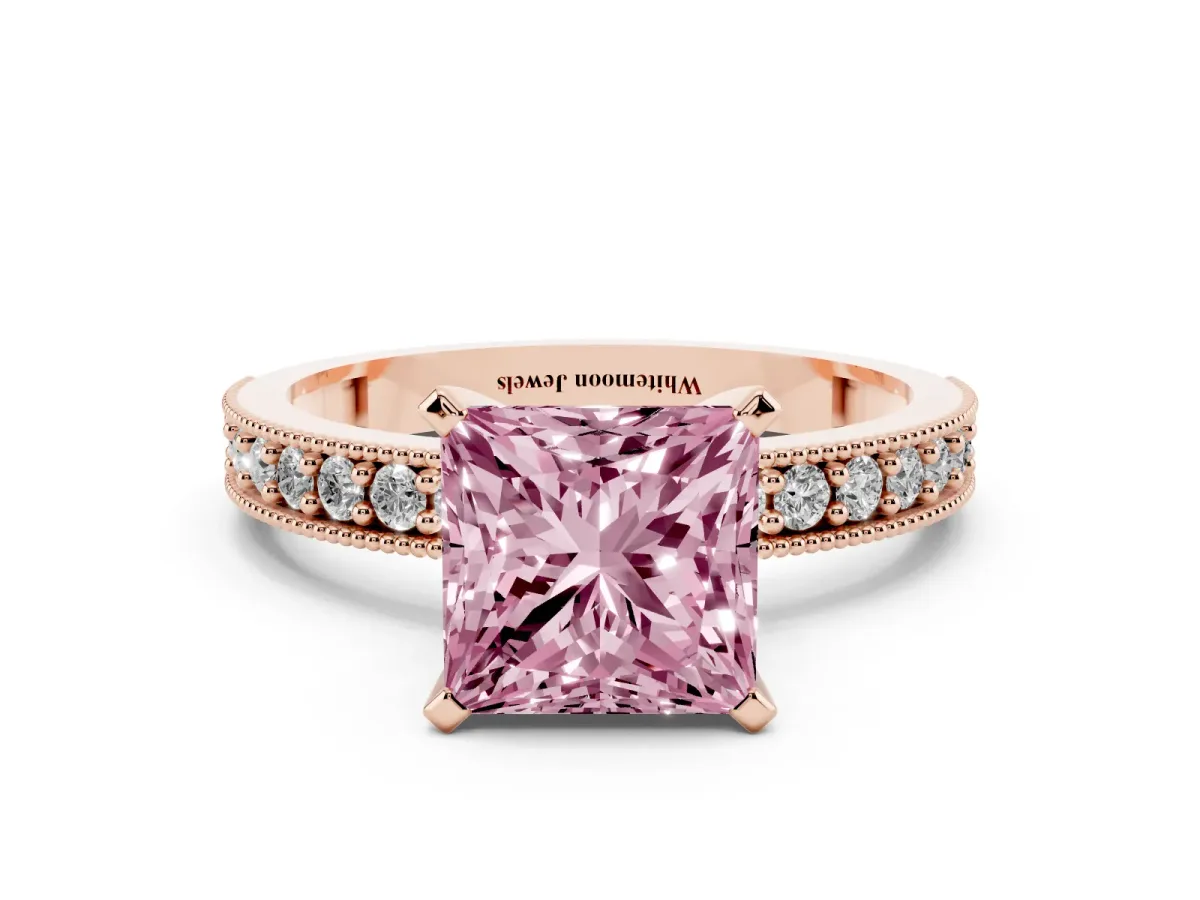 Fancy Pink Princess Cut Diamond Milgrain Pavé Engagement Ring with Four-Prong Setting Rose gold