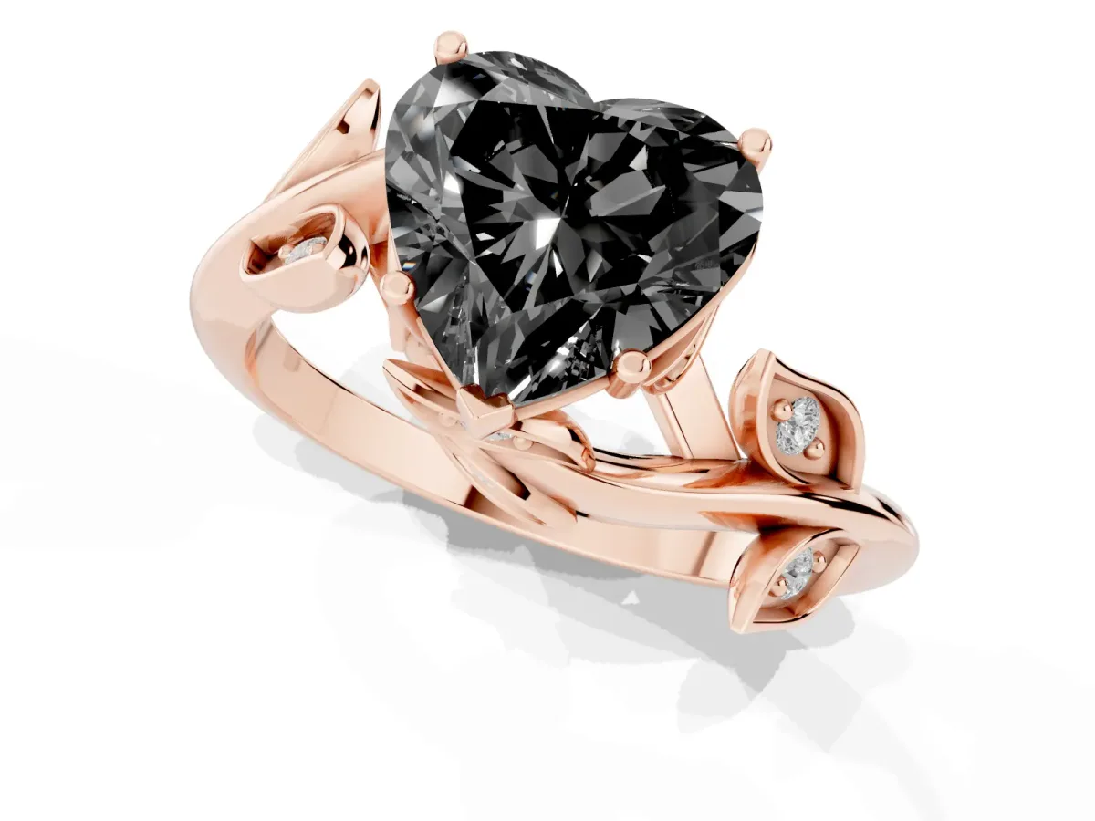 Fancy Black Heart Cut Solitaire Twist Engagement Ring with Leaf Accents and Prong Setting Rose gold