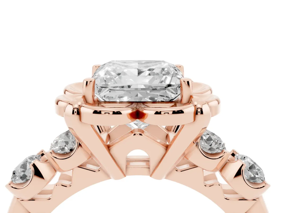 Princess Cut Cut Diamond Floral Halo Engagement Ring with Shared Prong Setting Rose gold