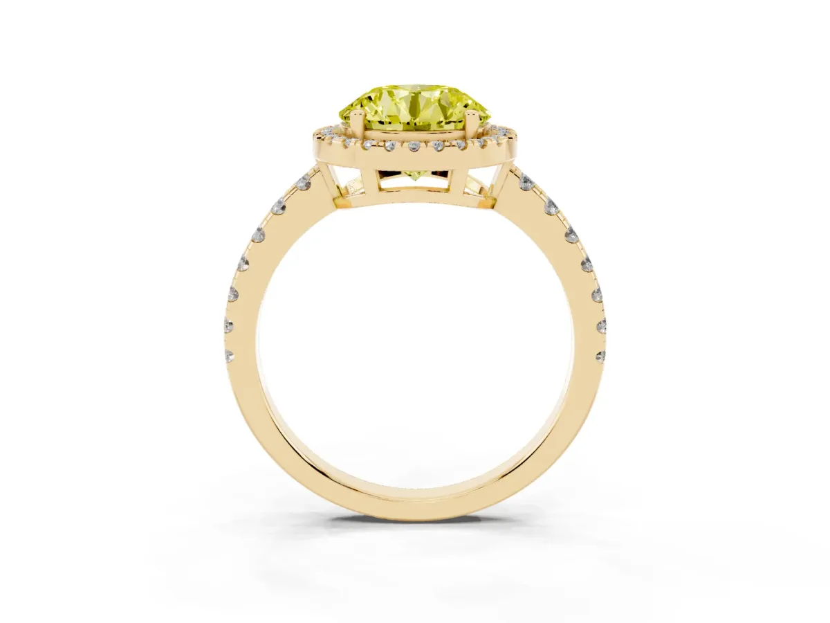 Fancy Yellow Round Cut Diamond Halo Ring with Pavé Band and Four-Prong Setting Yellow gold