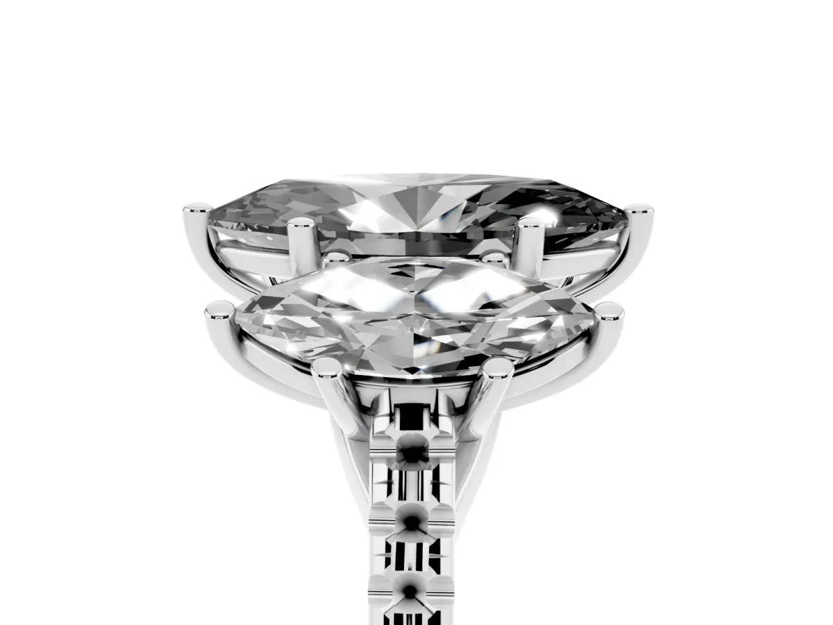 Fancy Black Three-Stone Marquise Cut Diamond Ring with Round Pavé Band and Prong Setting Silver