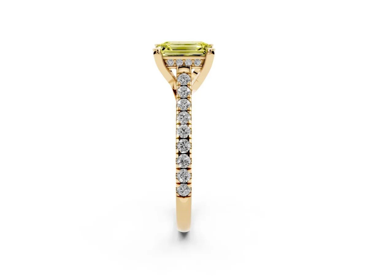 Fancy Yellow Emerald Cut Brilliant Diamond Solitaire with Pavé Band and Four-Prong Setting Yellow gold
