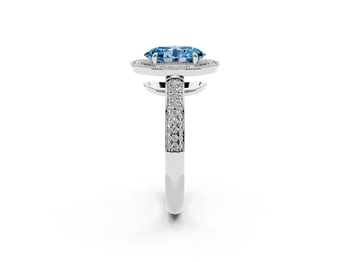 Fancy Blue Oval Cut Cut Halo Diamond Pave Band with Four-Prong Setting Platinum