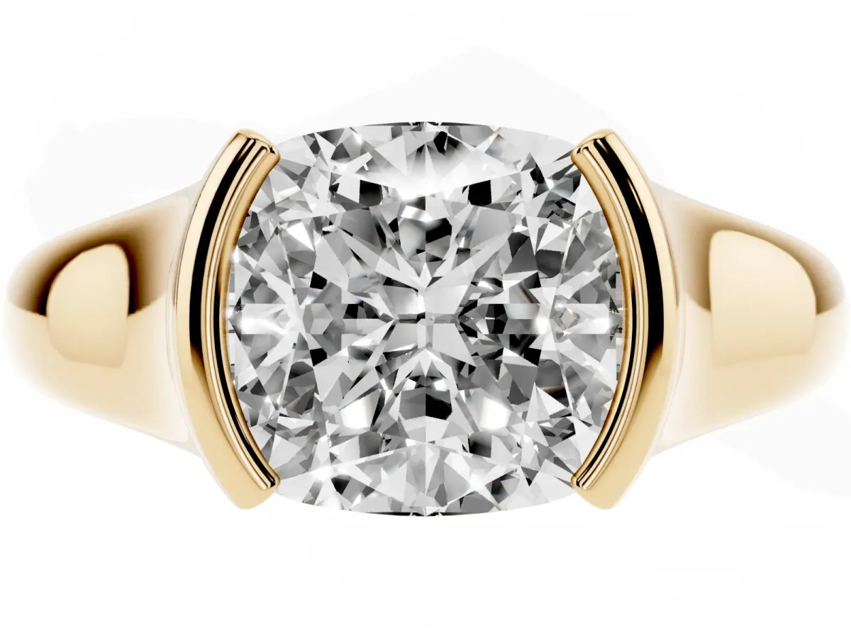 Cushion Cut Solitaire Tension Set Diamond Ring with Split Shank Band Yellow gold