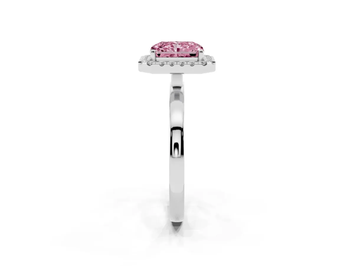 Fancy Pink Radiant Cut Halo Diamond Solitaire with Pavé Band and Four-Prong Setting Silver