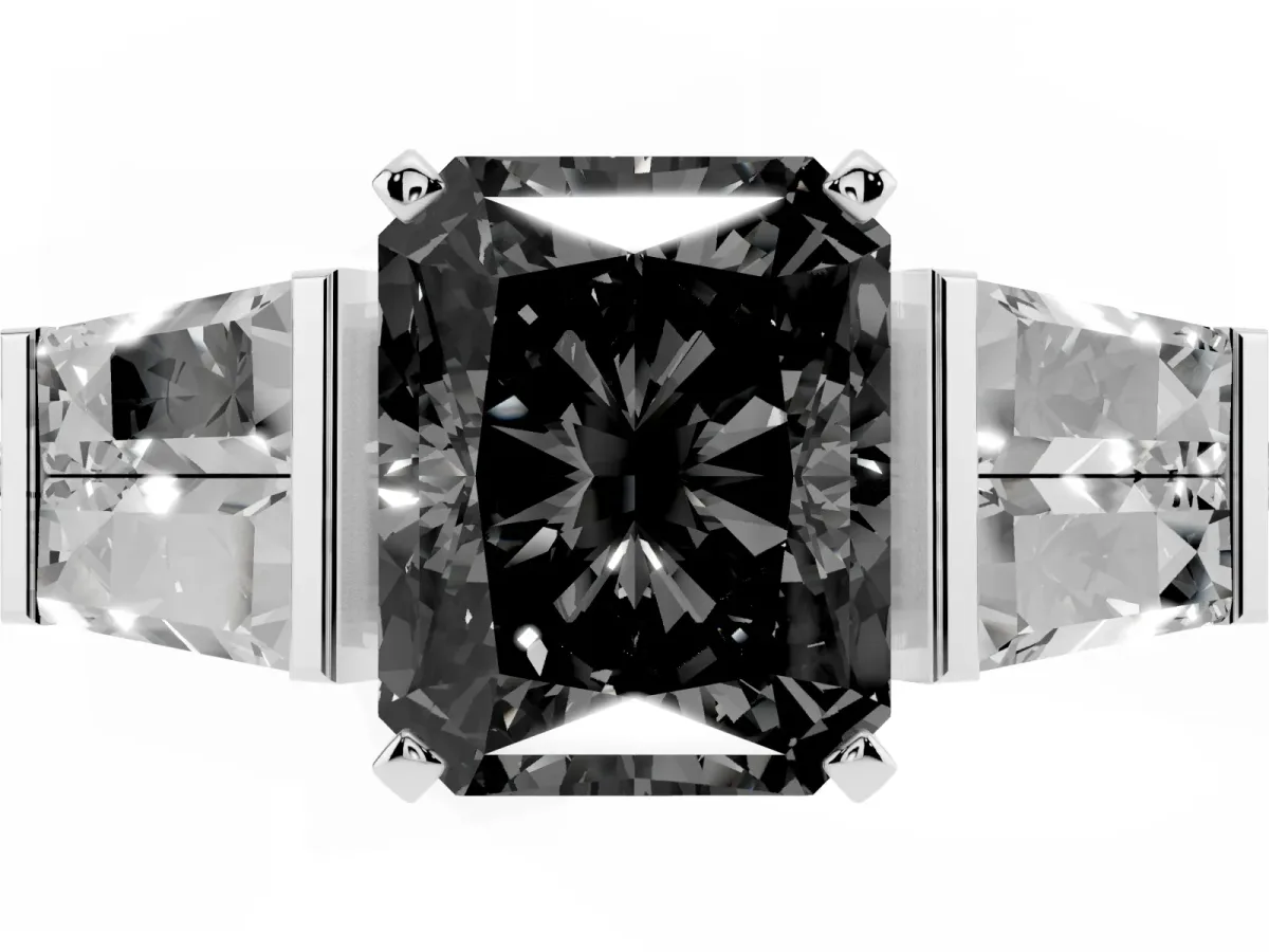 Fancy Black Radiant Cut Diamond Engagement Ring with Baguette Side Stones and Channel Set Band Platinum