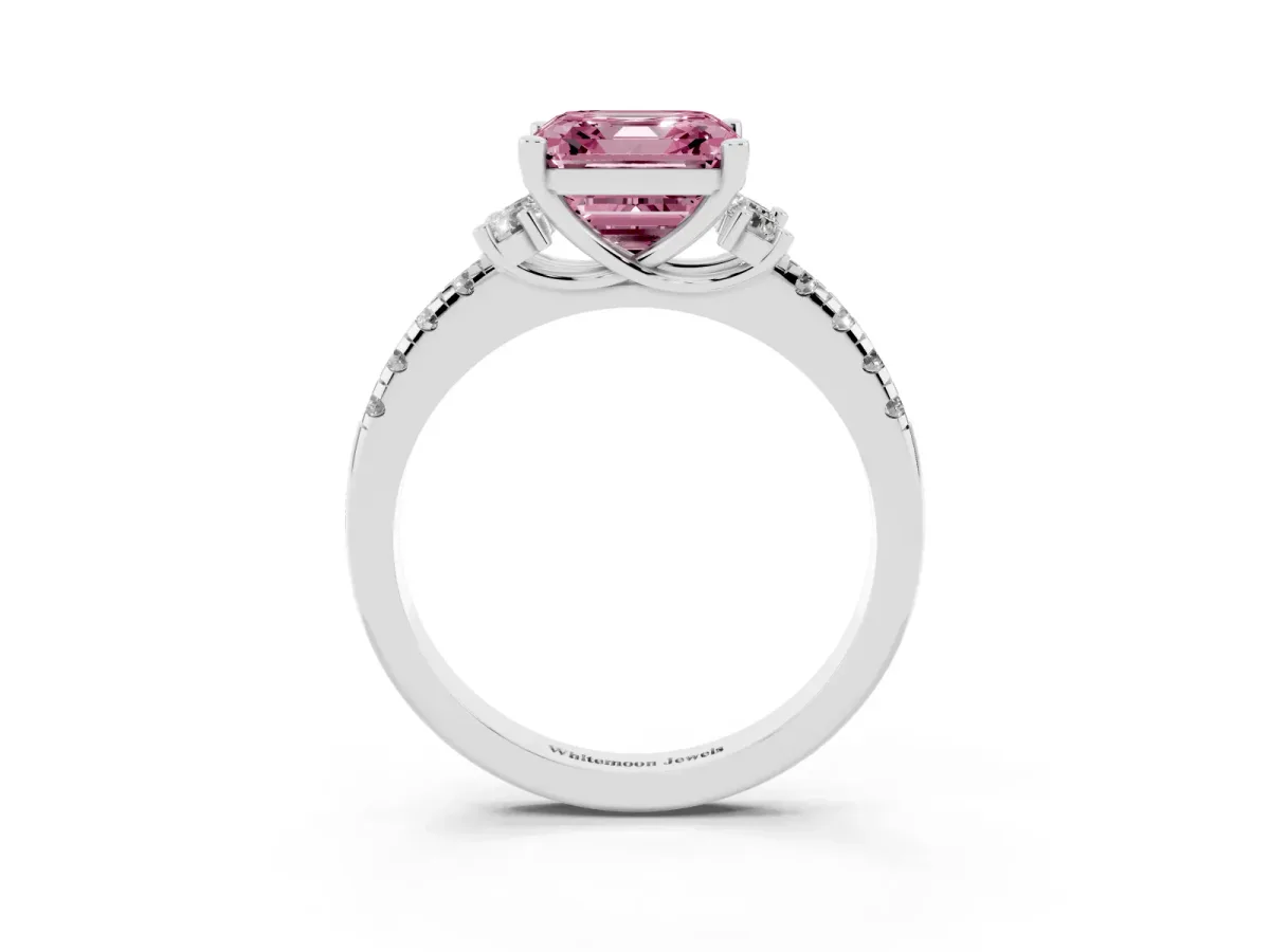 Fancy Pink Asscher Cut Diamond Three-Stone Pave Band with Four-Prong Setting Silver