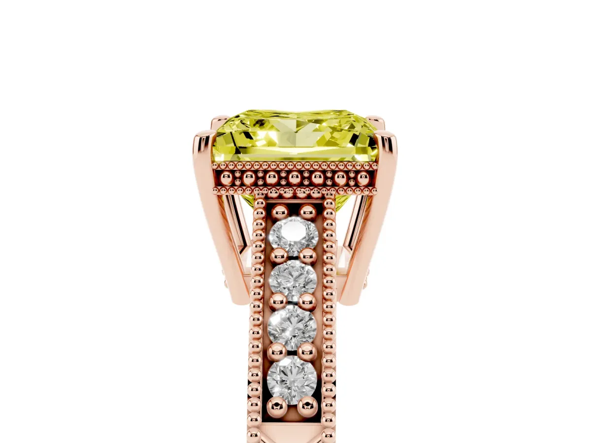 Fancy Yellow Princess Cut Solitaire Pavé Diamond Milgrain Engagement Ring with Four-Prong Setting Rose gold