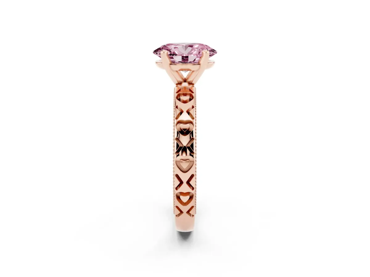 Fancy Pink Oval Cut Solitaire Diamond Engagement Ring with XO Engraved Band and Four-Prong Setting Rose gold