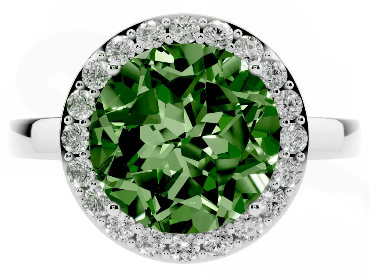 Fancy Green Round Cut Halo Diamond Ring with Solitaire Band and Prong Setting Silver