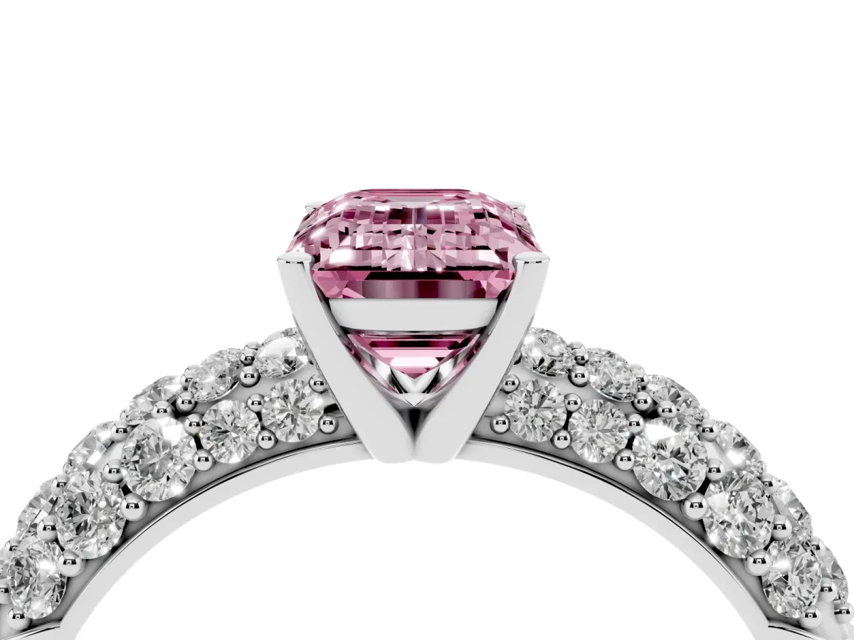 Fancy Pink Emerald Cut Diamond Pavé Band Solitaire Ring with Four-Prong Setting Platinum