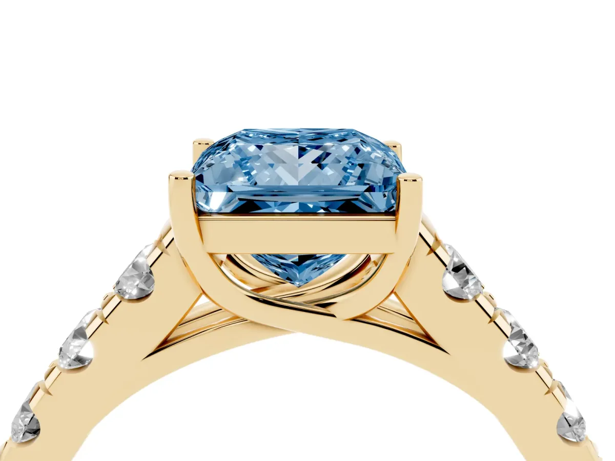 Fancy Blue Princess Cut Cut Diamond Solitaire Ring with Micro Pave Band and Prong Setting Yellow gold