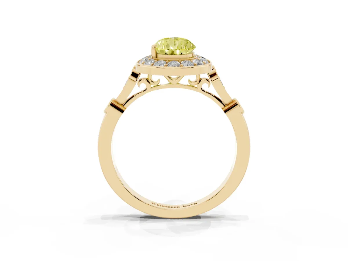 Fancy Yellow Pear Cut Halo Diamond Engagement Ring with Twisted Band and Four-Prong Setting Yellow gold